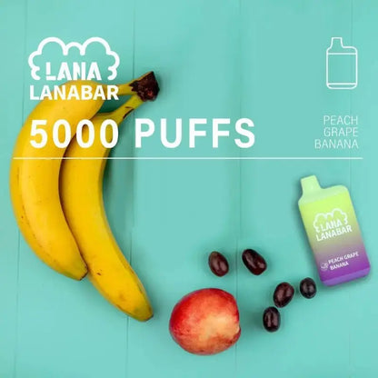 SGVape-Lana-Bar-5000-Puffs-Peach-Grape-Banana-Flavor-on-a-blue-gradient-background-LANA